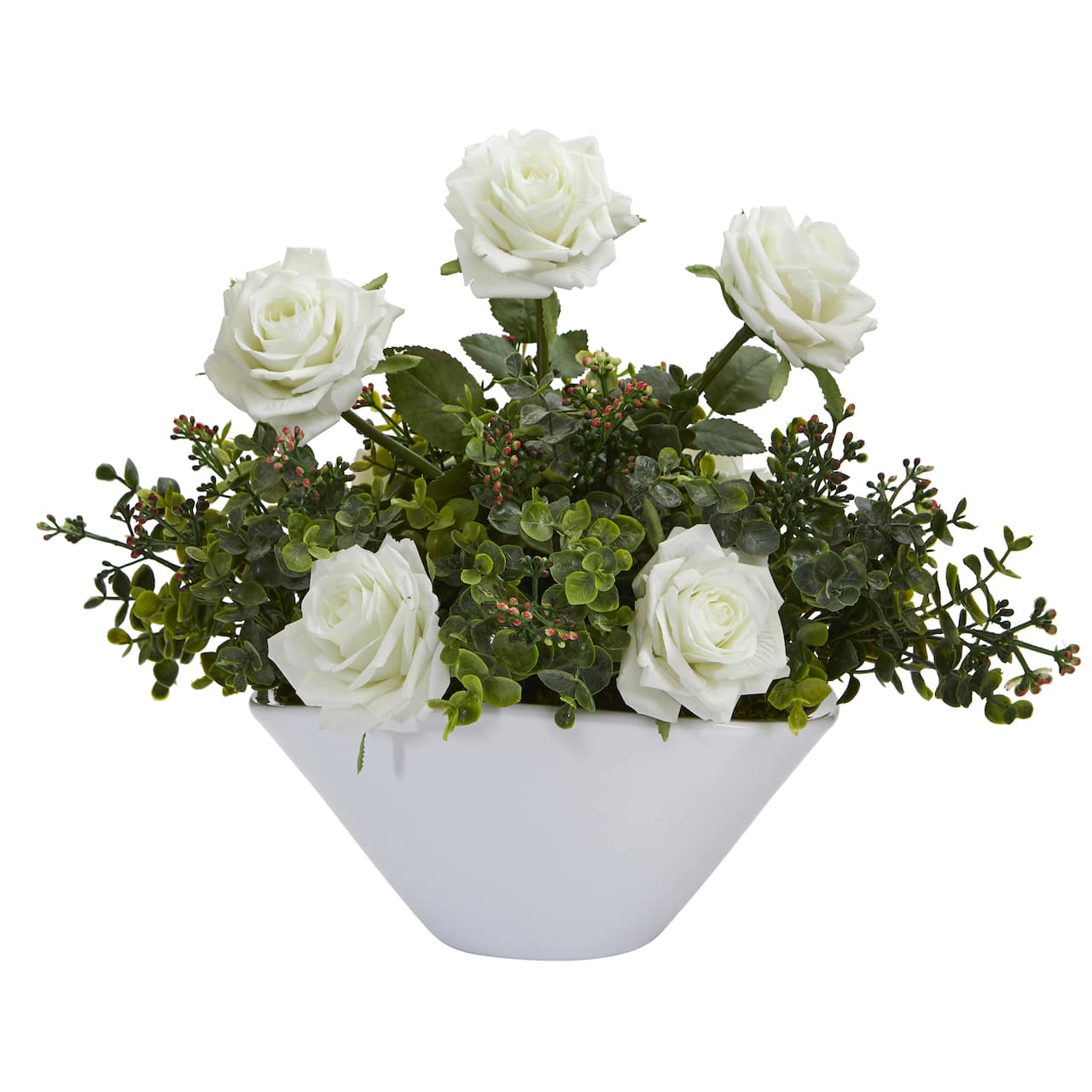 16" Roses and Eucalyptus Artificial Arrangement in White Vase